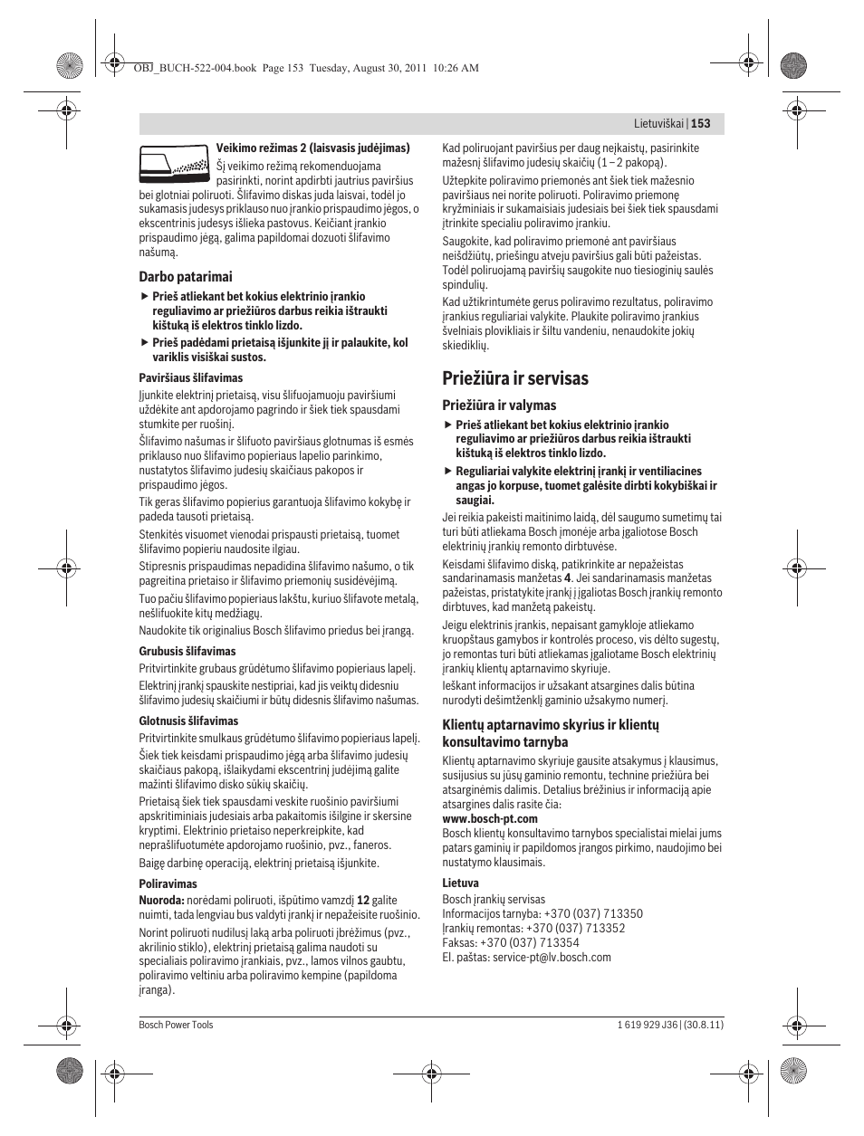 Priežiūra ir servisas | Bosch GEX 150 Turbo Professional User Manual | Page 153 / 167