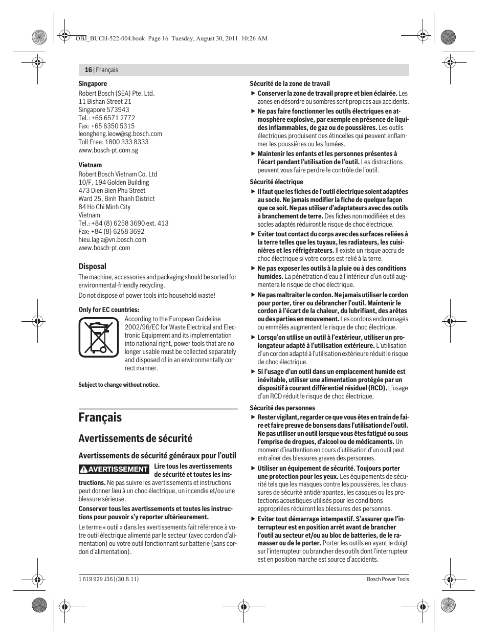 Français, Avertissements de sécurité | Bosch GEX 150 Turbo Professional User Manual | Page 16 / 167