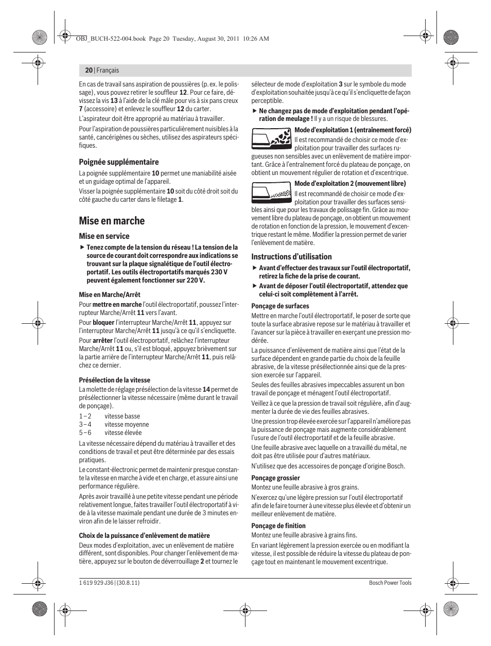 Mise en marche | Bosch GEX 150 Turbo Professional User Manual | Page 20 / 167