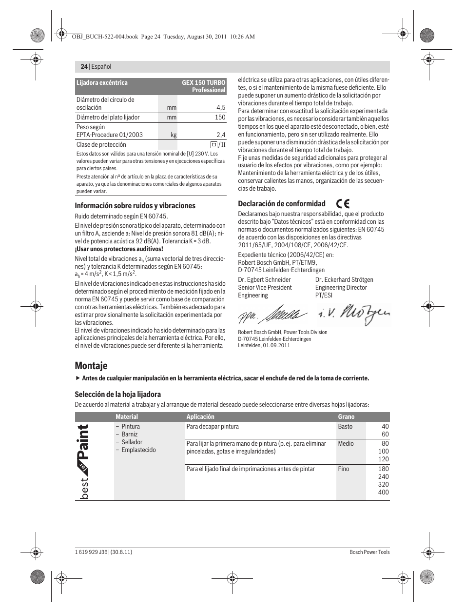 Montaje | Bosch GEX 150 Turbo Professional User Manual | Page 24 / 167