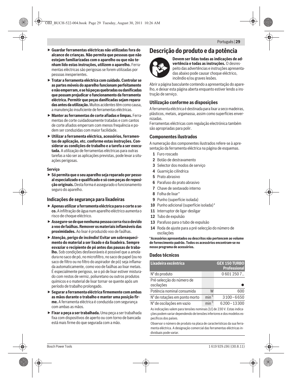 Descrição do produto e da potência | Bosch GEX 150 Turbo Professional User Manual | Page 29 / 167