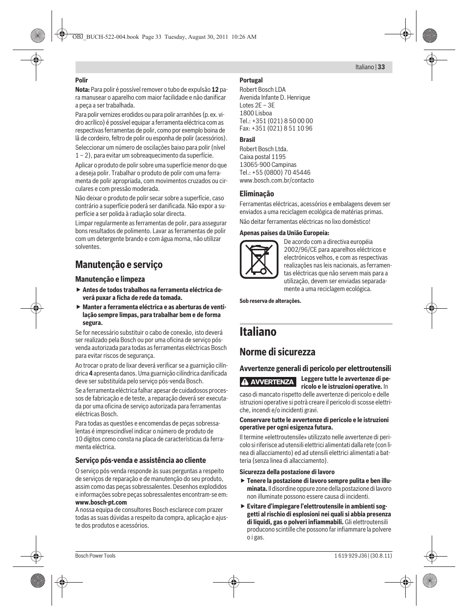 Italiano, Manutenção e serviço, Norme di sicurezza | Bosch GEX 150 Turbo Professional User Manual | Page 33 / 167