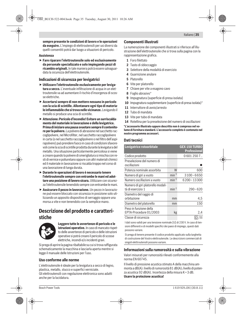 Descrizione del prodotto e caratteri- stiche | Bosch GEX 150 Turbo Professional User Manual | Page 35 / 167