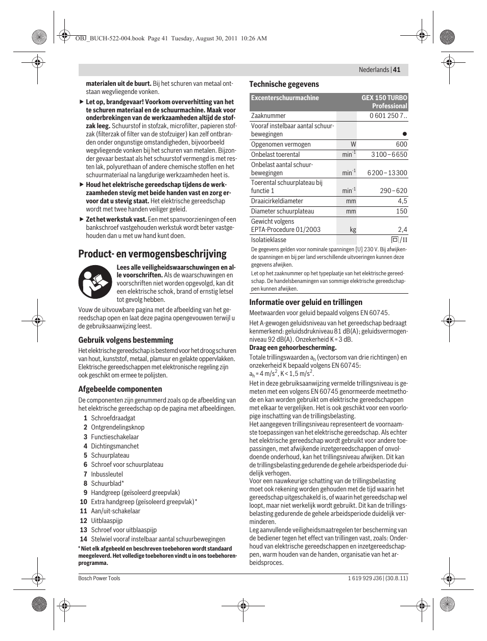 Product- en vermogensbeschrijving | Bosch GEX 150 Turbo Professional User Manual | Page 41 / 167