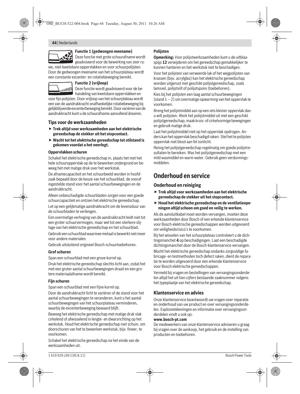 Onderhoud en service | Bosch GEX 150 Turbo Professional User Manual | Page 44 / 167