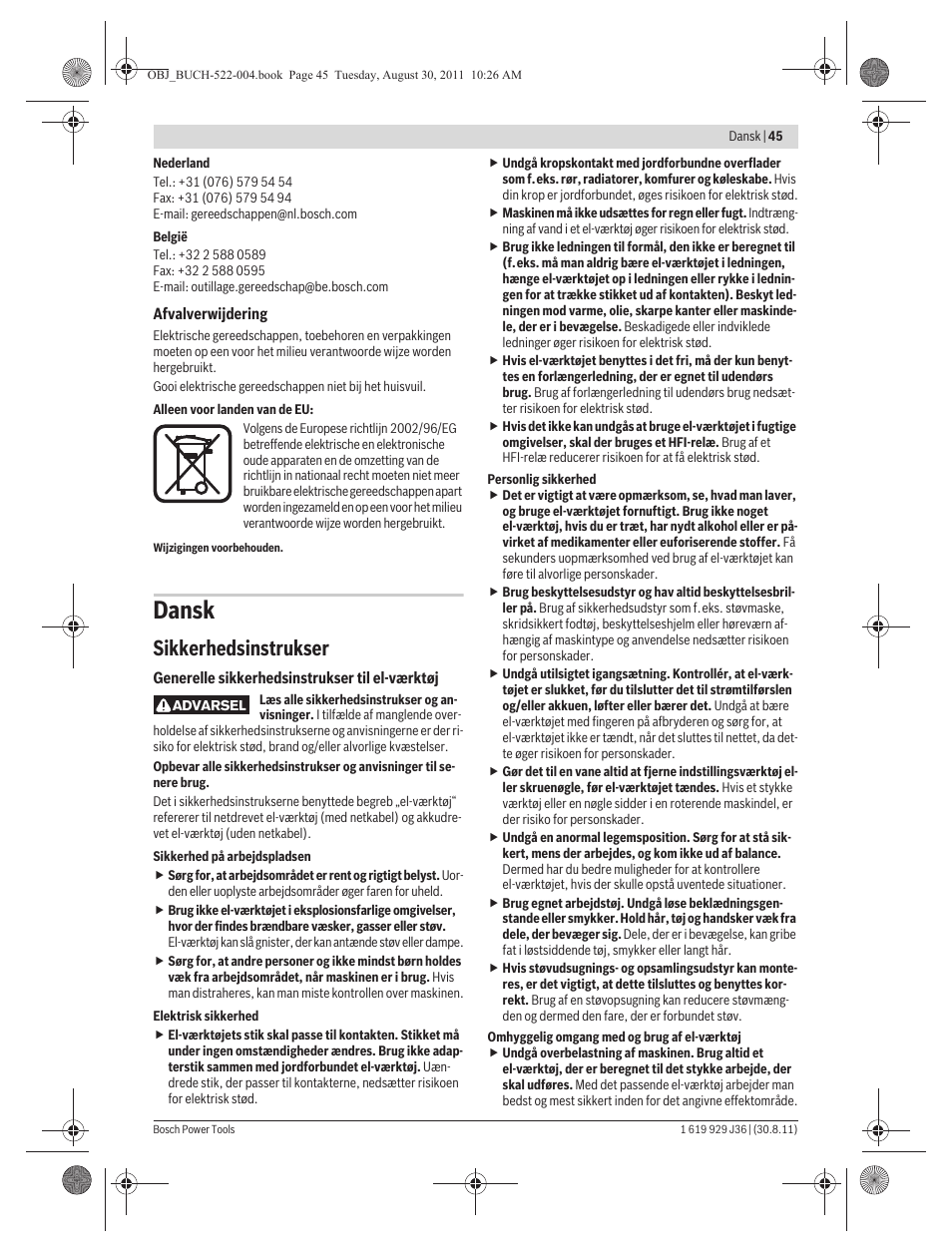 Dansk, Sikkerhedsinstrukser | Bosch GEX 150 Turbo Professional User Manual | Page 45 / 167