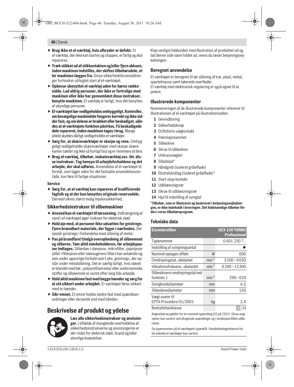 Beskrivelse af produkt og ydelse | Bosch GEX 150 Turbo Professional User Manual | Page 46 / 167