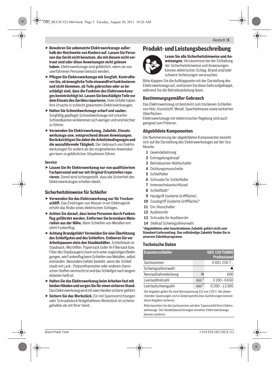 Produkt- und leistungsbeschreibung | Bosch GEX 150 Turbo Professional User Manual | Page 5 / 167