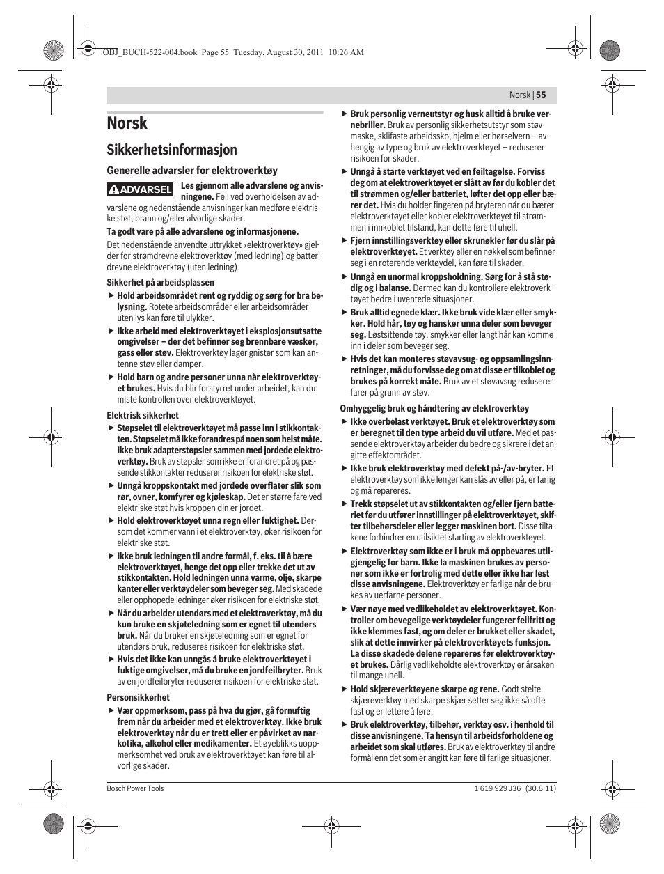 Norsk, Sikkerhetsinformasjon | Bosch GEX 150 Turbo Professional User Manual | Page 55 / 167