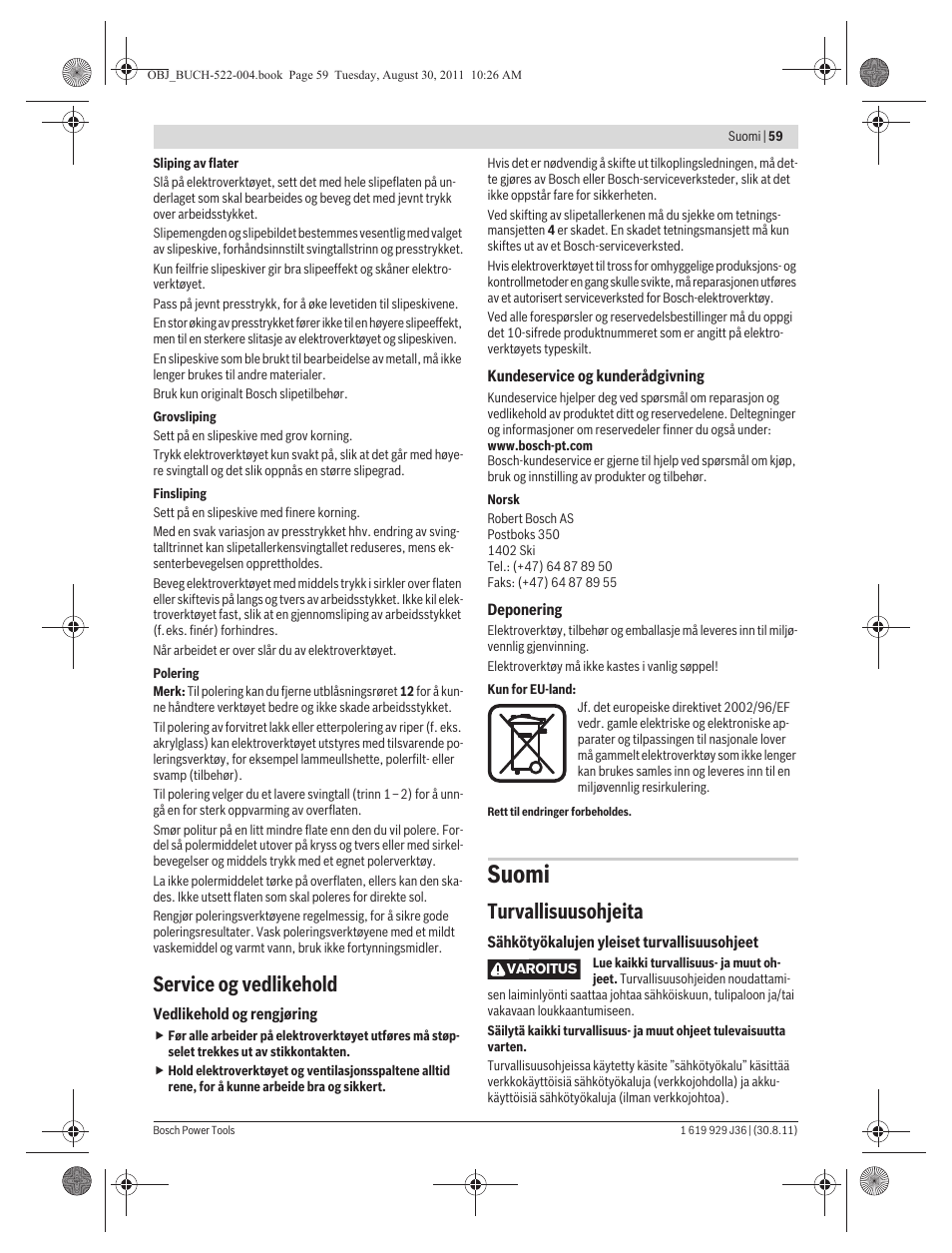 Suomi, Service og vedlikehold, Turvallisuusohjeita | Bosch GEX 150 Turbo Professional User Manual | Page 59 / 167