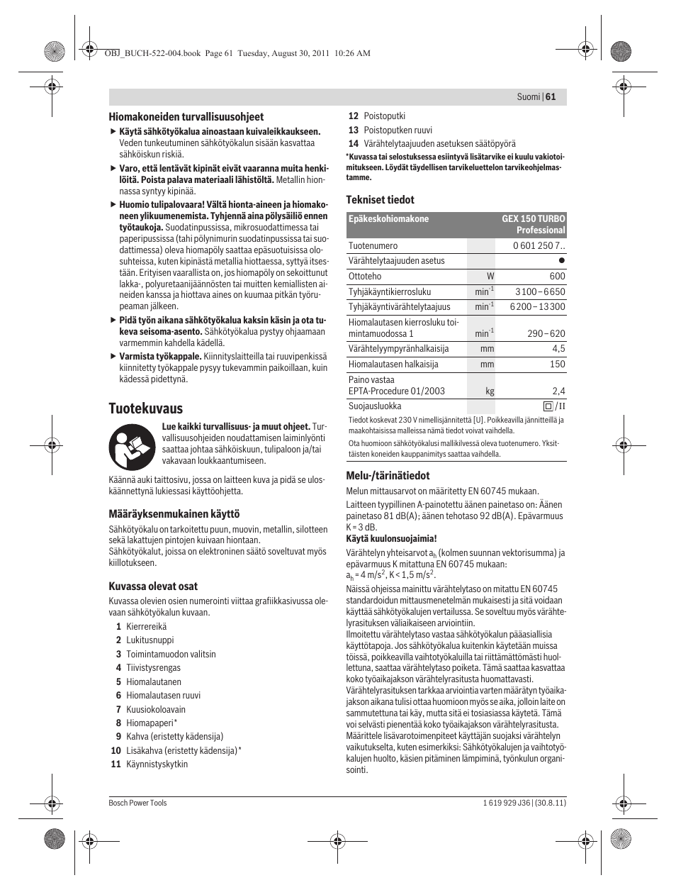 Tuotekuvaus | Bosch GEX 150 Turbo Professional User Manual | Page 61 / 167