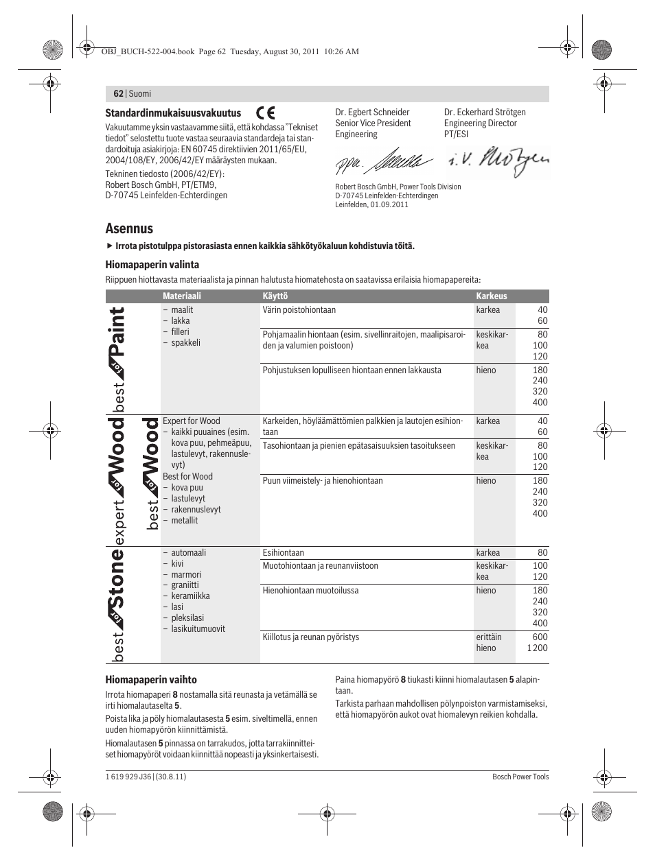Asennus | Bosch GEX 150 Turbo Professional User Manual | Page 62 / 167