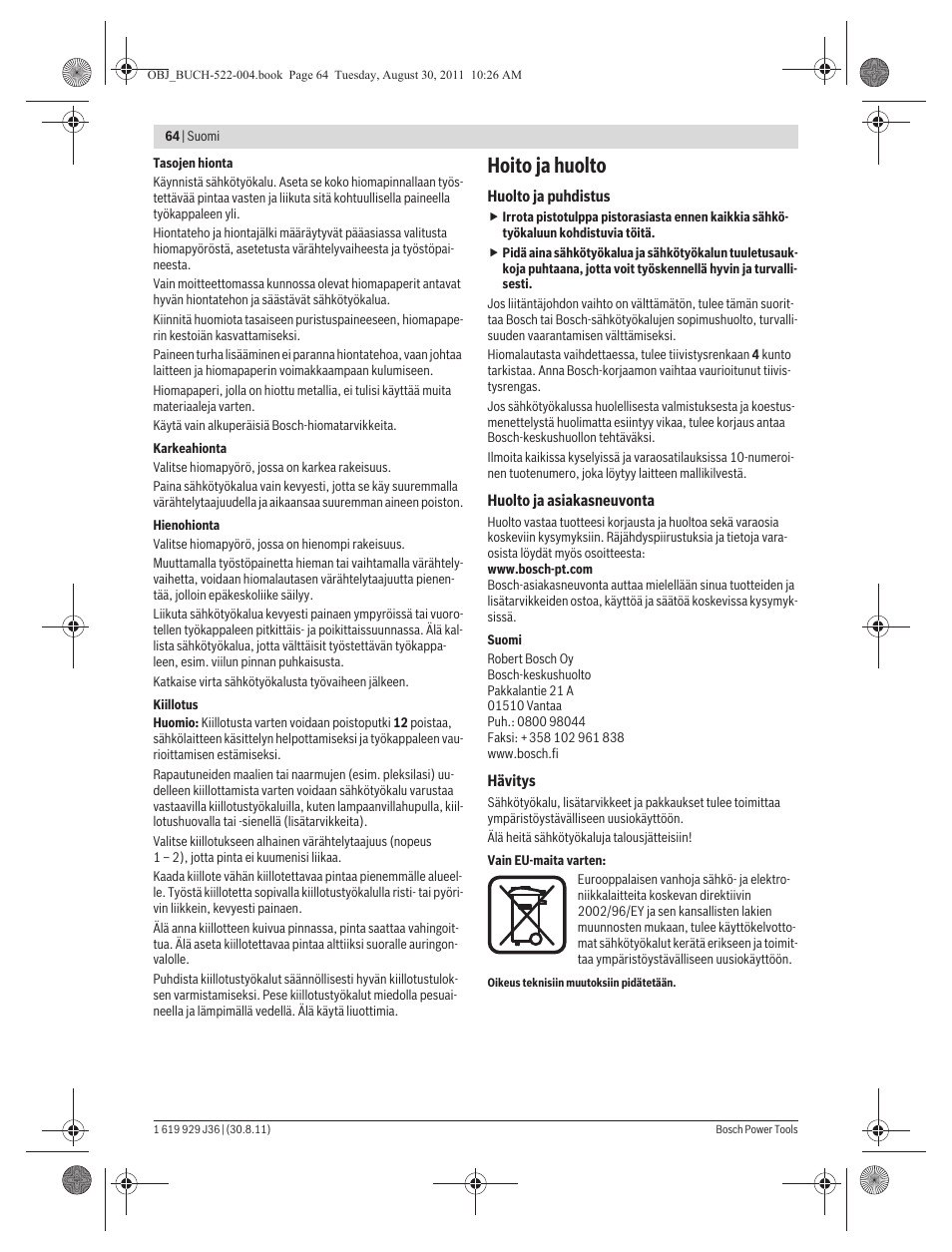 Hoito ja huolto | Bosch GEX 150 Turbo Professional User Manual | Page 64 / 167