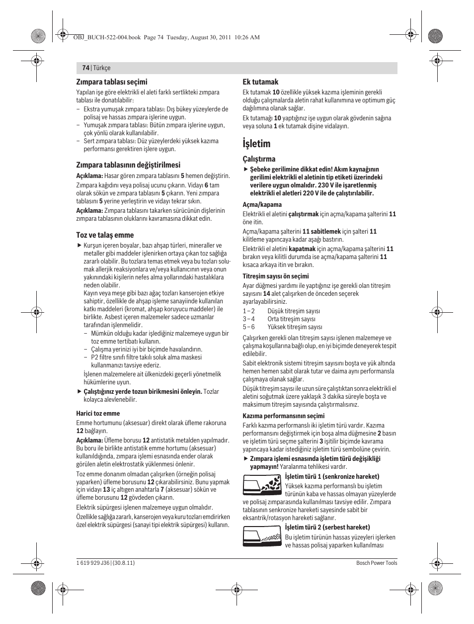 Işletim | Bosch GEX 150 Turbo Professional User Manual | Page 74 / 167