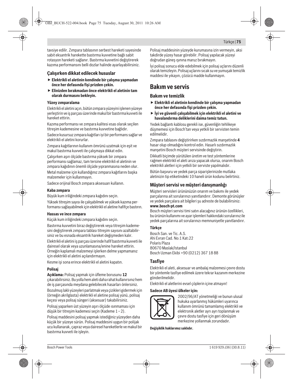 Bak m ve servis | Bosch GEX 150 Turbo Professional User Manual | Page 75 / 167