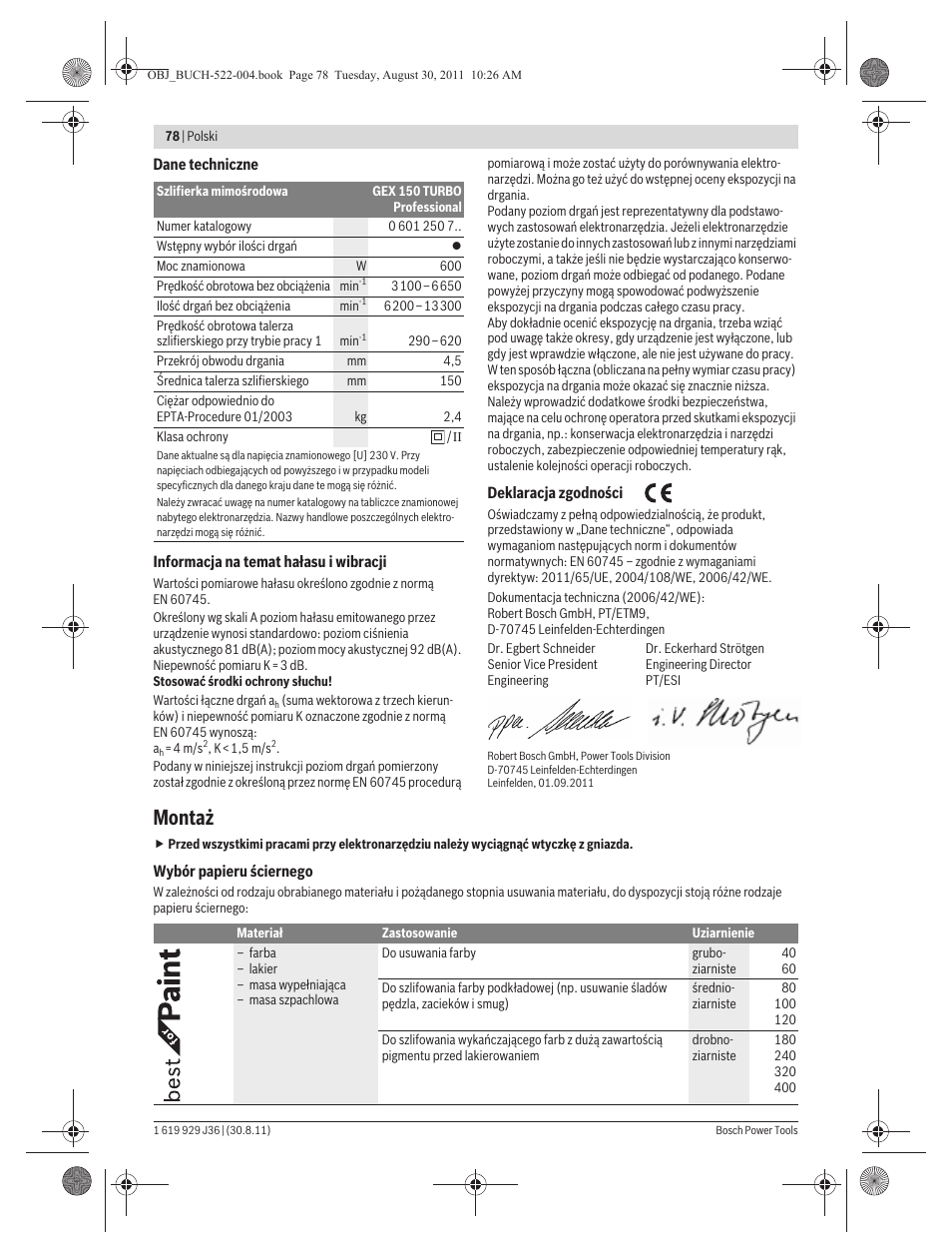 Montaż | Bosch GEX 150 Turbo Professional User Manual | Page 78 / 167