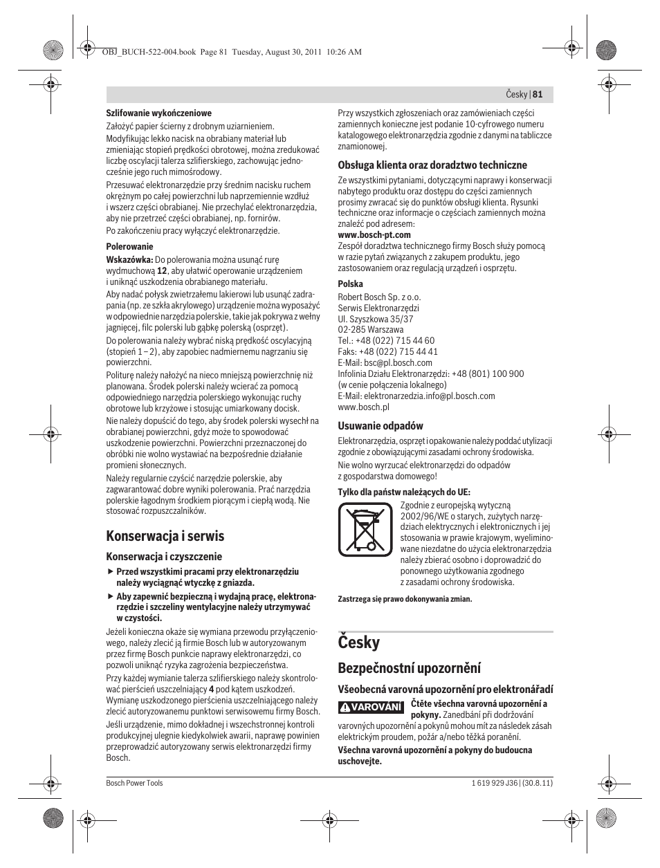 Česky, Konserwacja i serwis, Bezpečnostní upozornění | Bosch GEX 150 Turbo Professional User Manual | Page 81 / 167