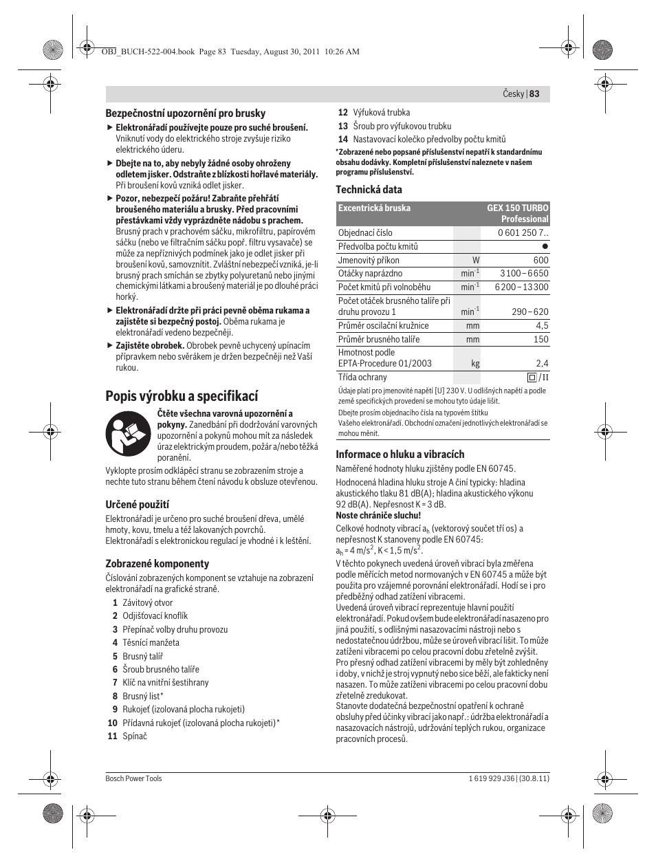 Popis výrobku a specifikací | Bosch GEX 150 Turbo Professional User Manual | Page 83 / 167