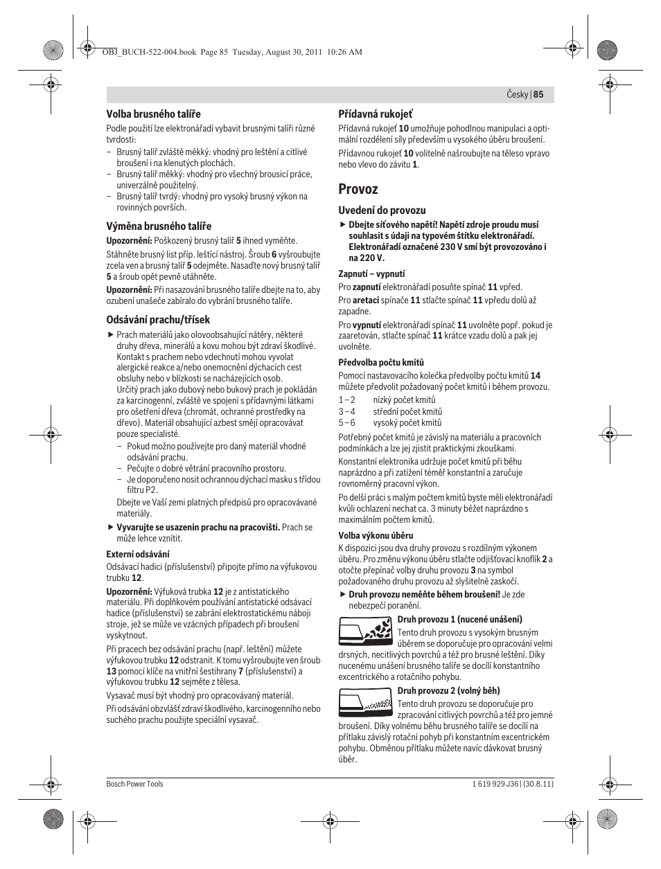 Provoz | Bosch GEX 150 Turbo Professional User Manual | Page 85 / 167