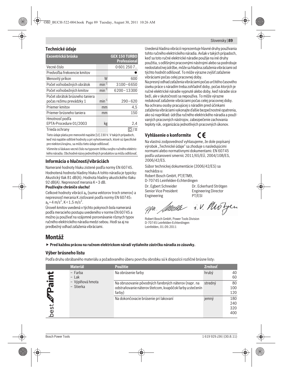 Montáž | Bosch GEX 150 Turbo Professional User Manual | Page 89 / 167