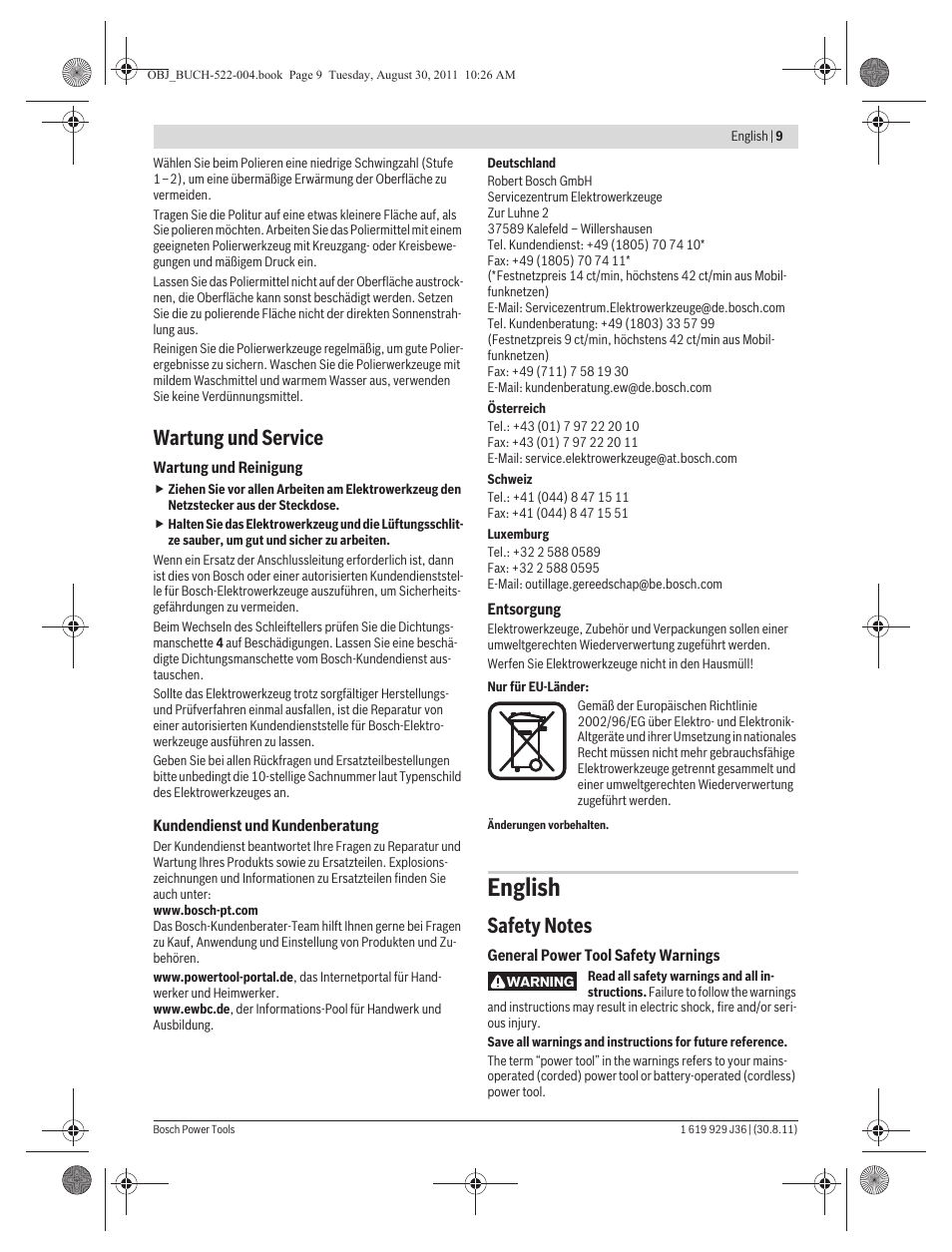 English, Wartung und service | Bosch GEX 150 Turbo Professional User Manual | Page 9 / 167