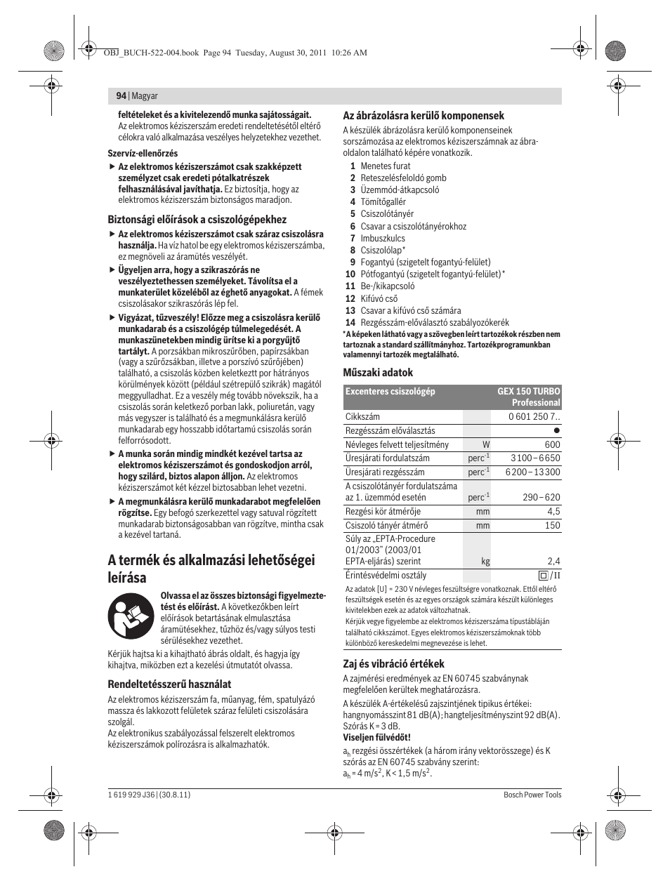 A termék és alkalmazási lehetőségei leírása | Bosch GEX 150 Turbo Professional User Manual | Page 94 / 167