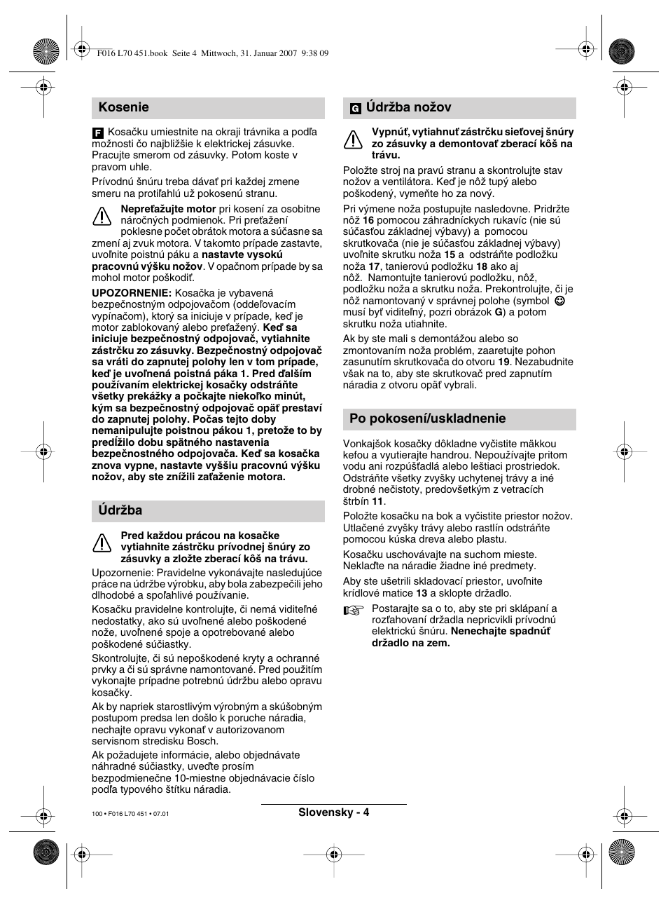 Kosenie údrïba, Údrïba noïov po pokosení/uskladnenie | Bosch Rotak 320 User Manual | Page 100 / 170