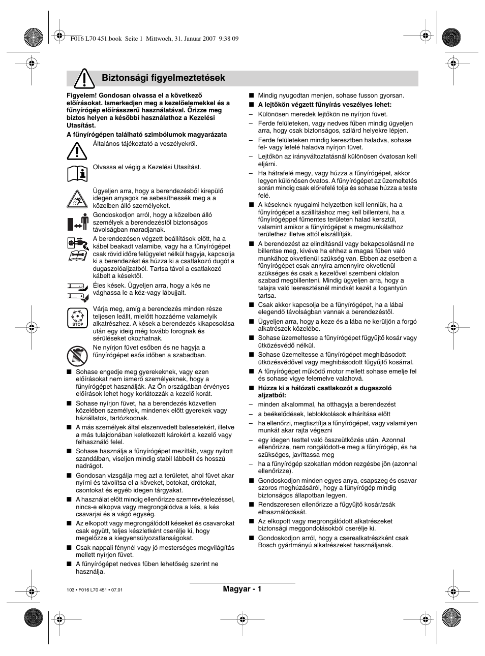 Biztonsági figyelmeztetések | Bosch Rotak 320 User Manual | Page 103 / 170