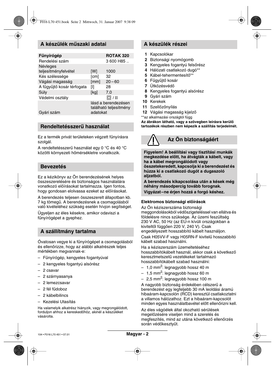 A készülék mæszaki adatai | Bosch Rotak 320 User Manual | Page 104 / 170