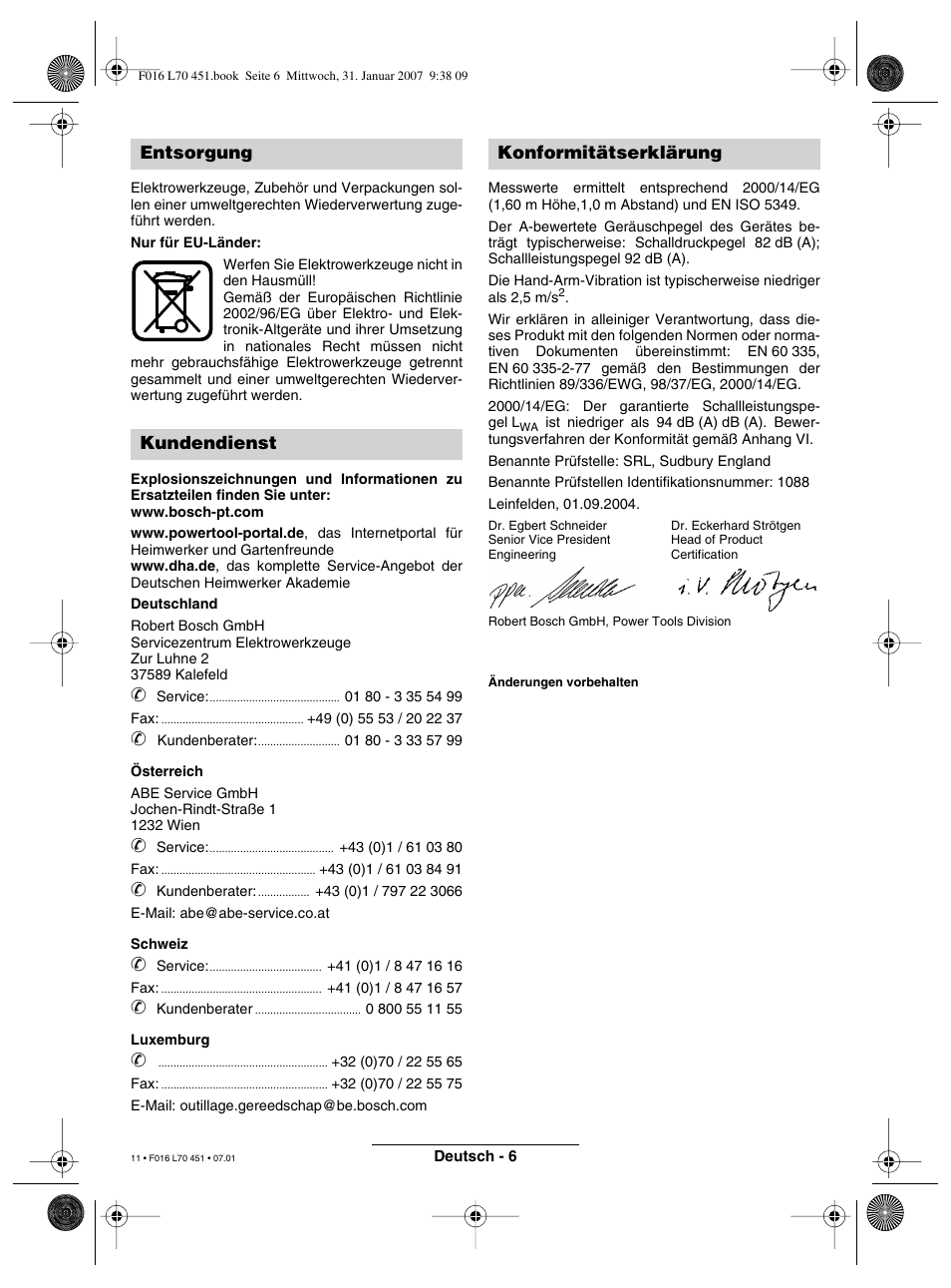 Entsorgung kundendienst konformitätserklärung | Bosch Rotak 320 User Manual | Page 11 / 170