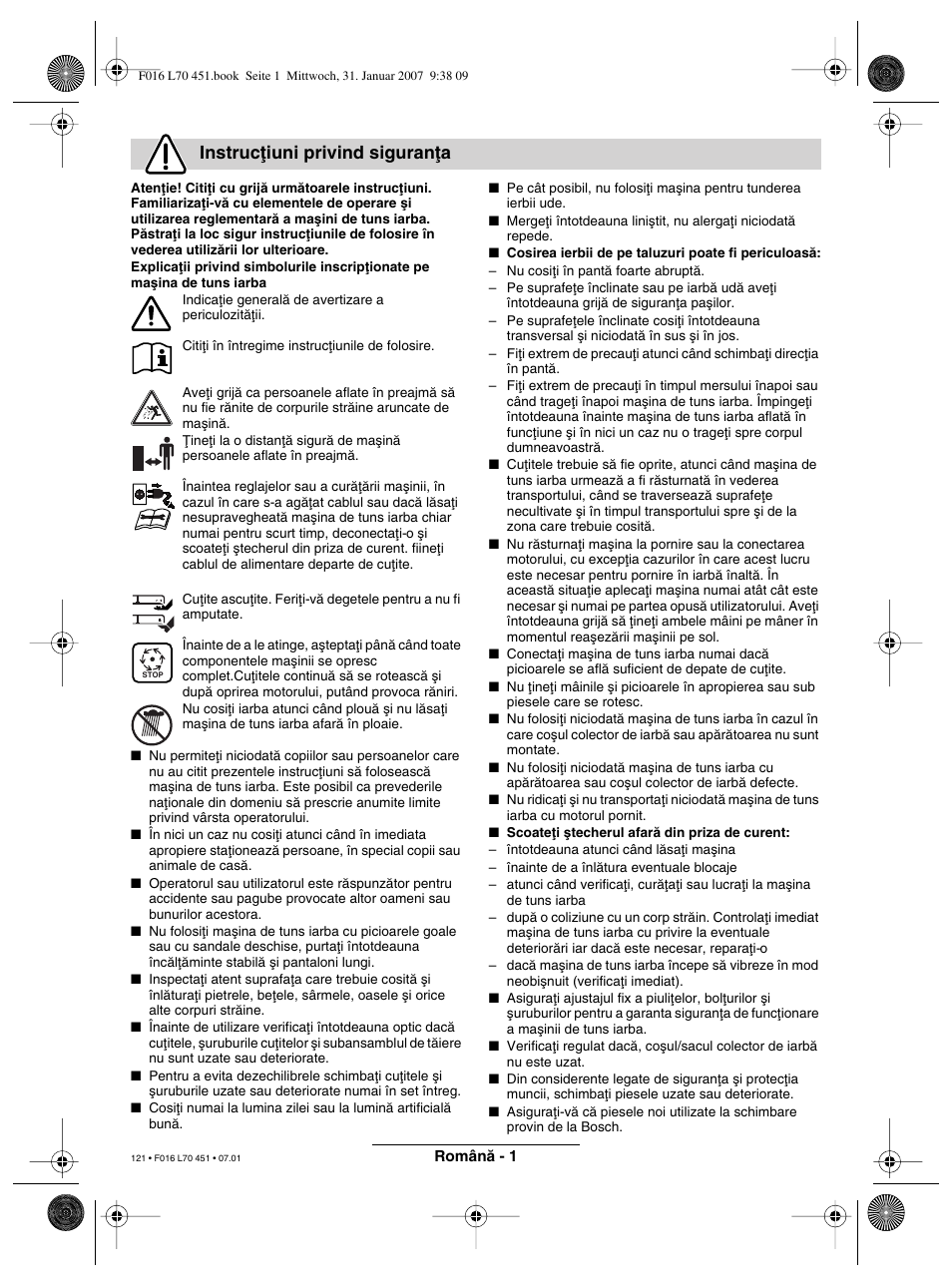 Instrucøiuni privind siguranøa | Bosch Rotak 320 User Manual | Page 121 / 170