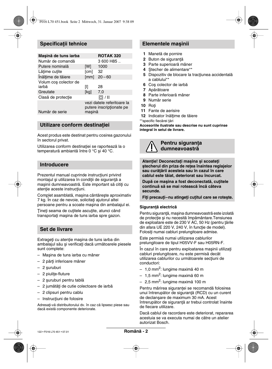 Specificaøii tehnice | Bosch Rotak 320 User Manual | Page 122 / 170