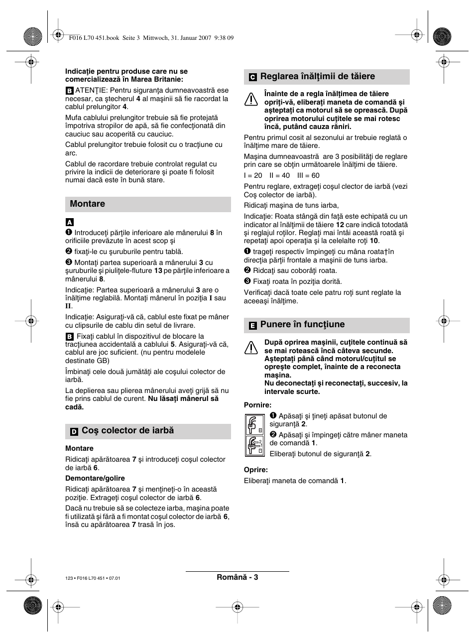 Montare coµ colector de iarbå, Reglarea înåløimii de tåiere punere în funcøiune | Bosch Rotak 320 User Manual | Page 123 / 170