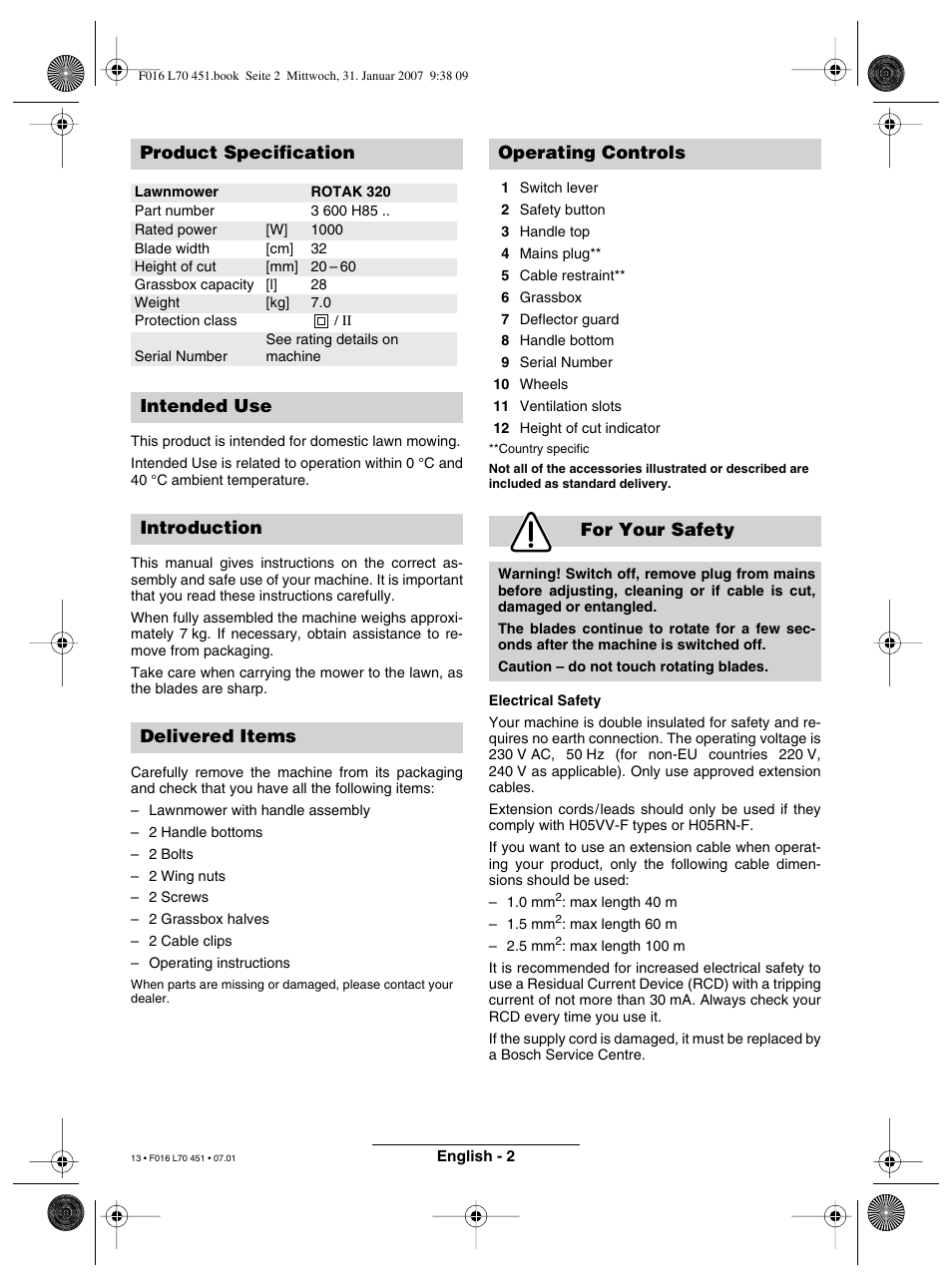 Product specification | Bosch Rotak 320 User Manual | Page 13 / 170