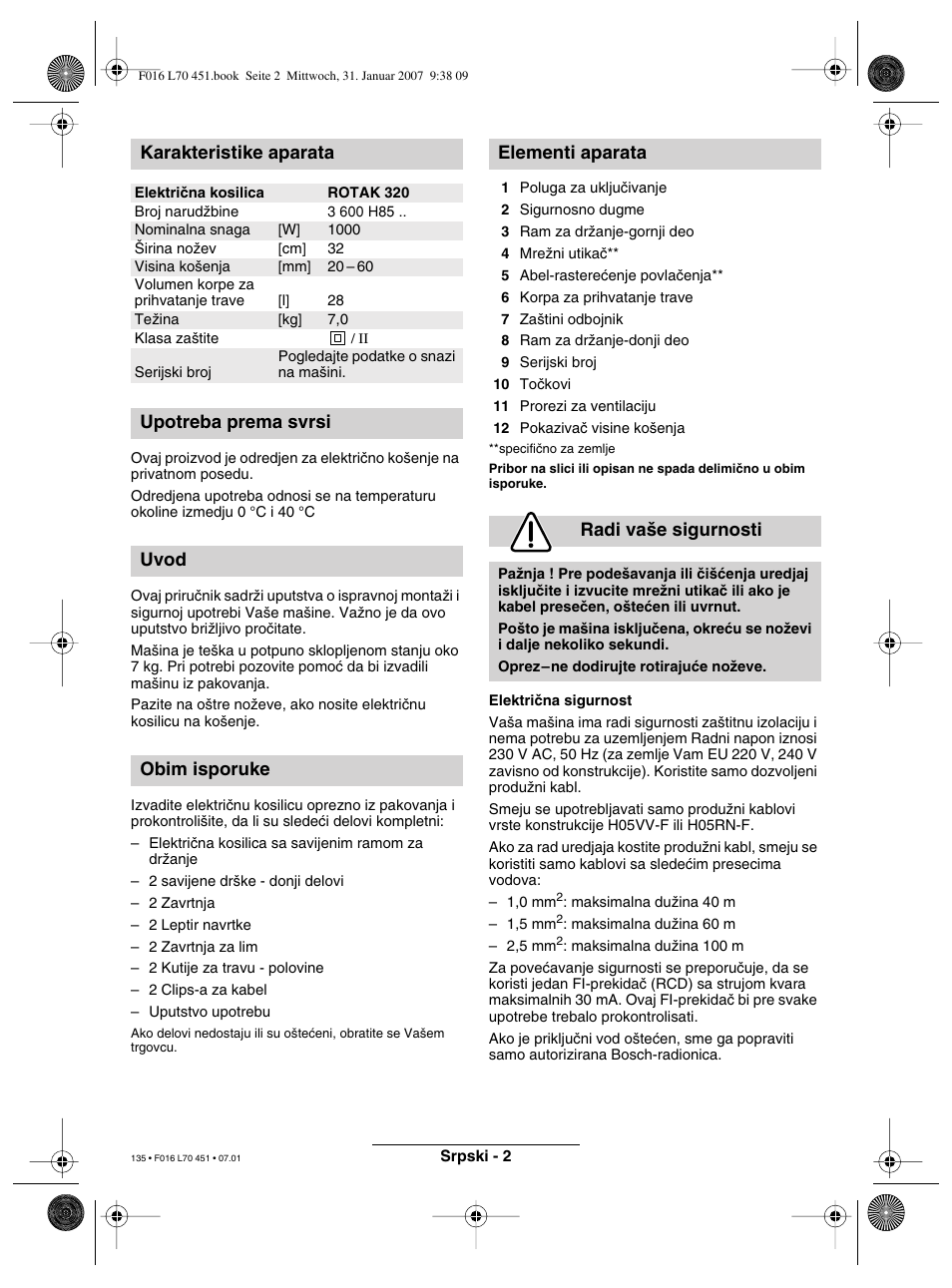 Karakteristike aparata | Bosch Rotak 320 User Manual | Page 135 / 170