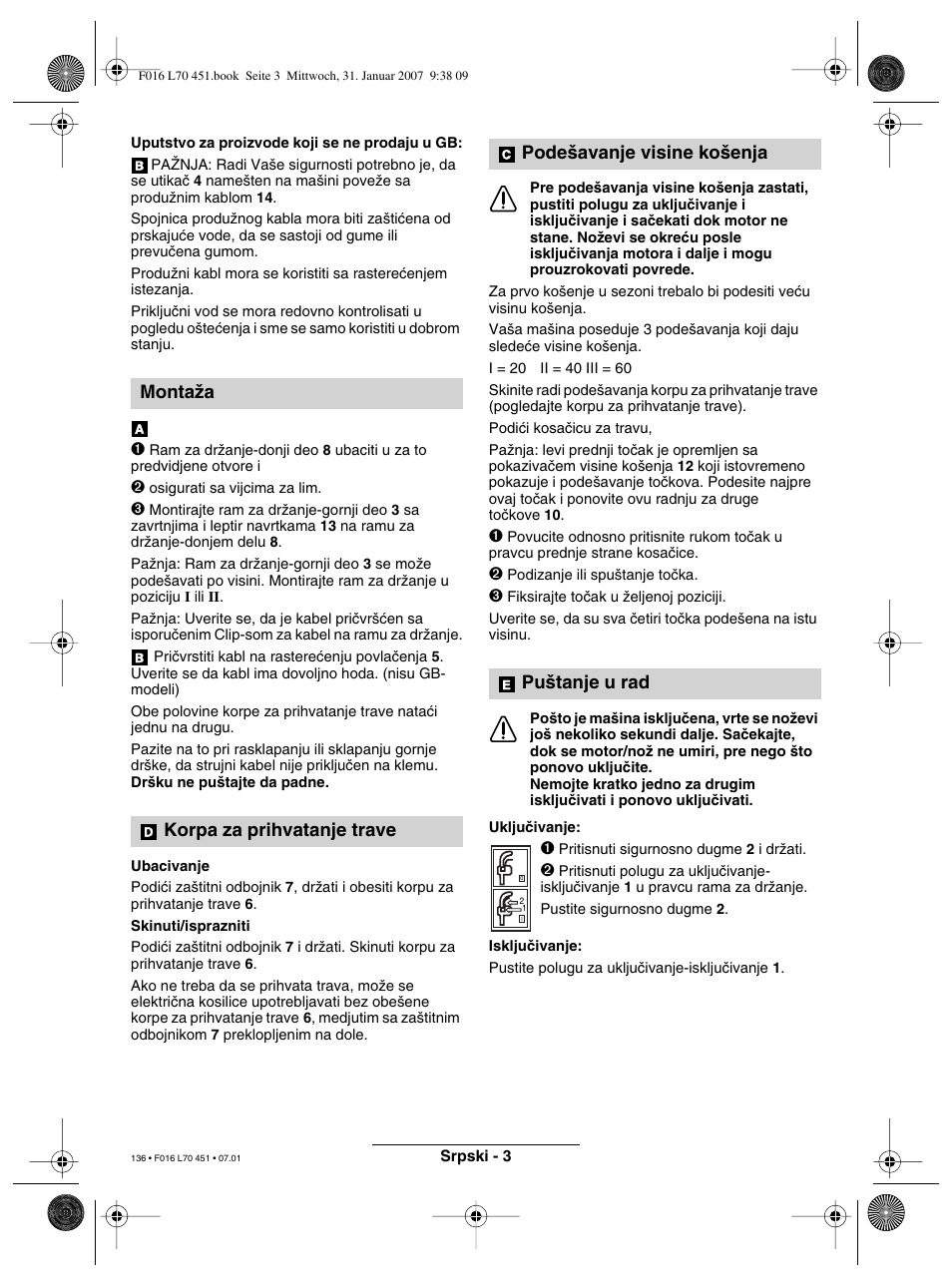 Montaïa korpa za prihvatanje trave, Pode‰avanje visine ko‰enja pu‰tanje u rad | Bosch Rotak 320 User Manual | Page 136 / 170