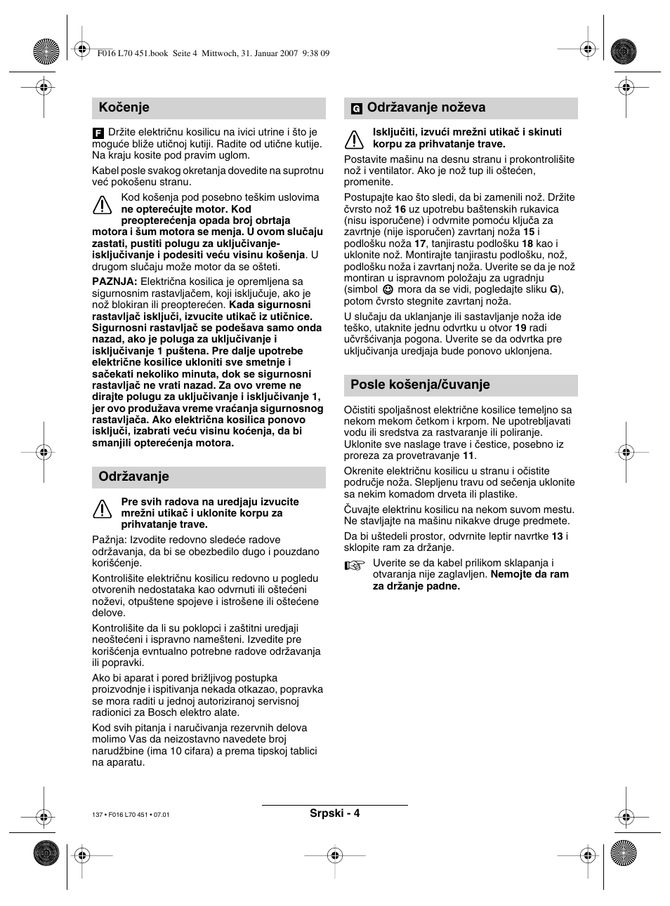 Koãenje odrïavanje, Odrïavanje noïeva posle ko‰enja/ãuvanje | Bosch Rotak 320 User Manual | Page 137 / 170