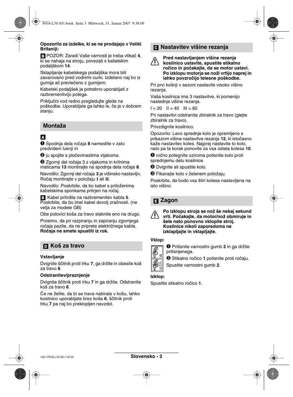 Montaïa ko‰ za travo, Nastavitev vi‰ine rezanja zagon | Bosch Rotak 320 User Manual | Page 142 / 170