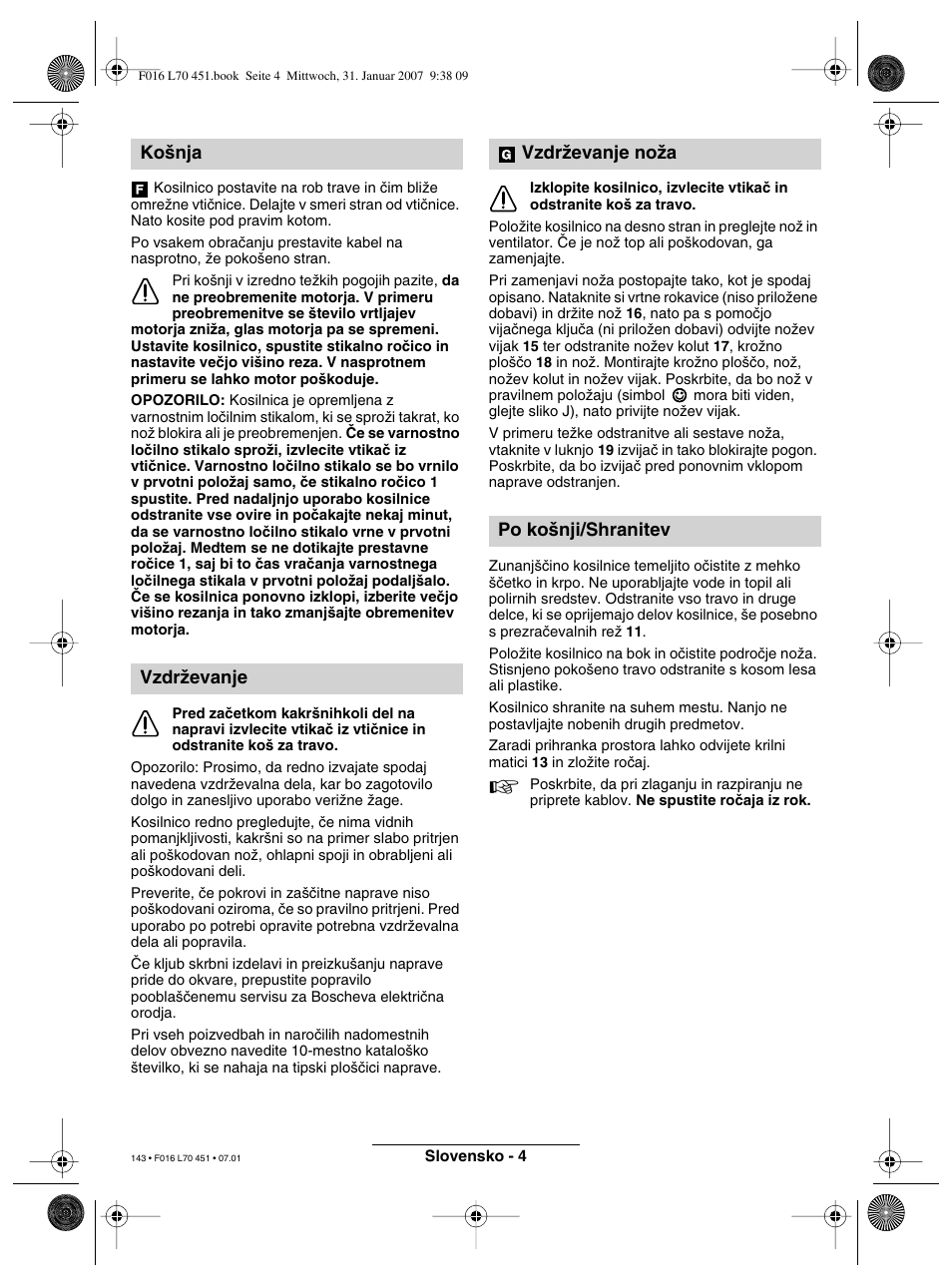 Ko‰nja vzdrïevanje, Vzdrïevanje noïa po ko‰nji/shranitev | Bosch Rotak 320 User Manual | Page 143 / 170