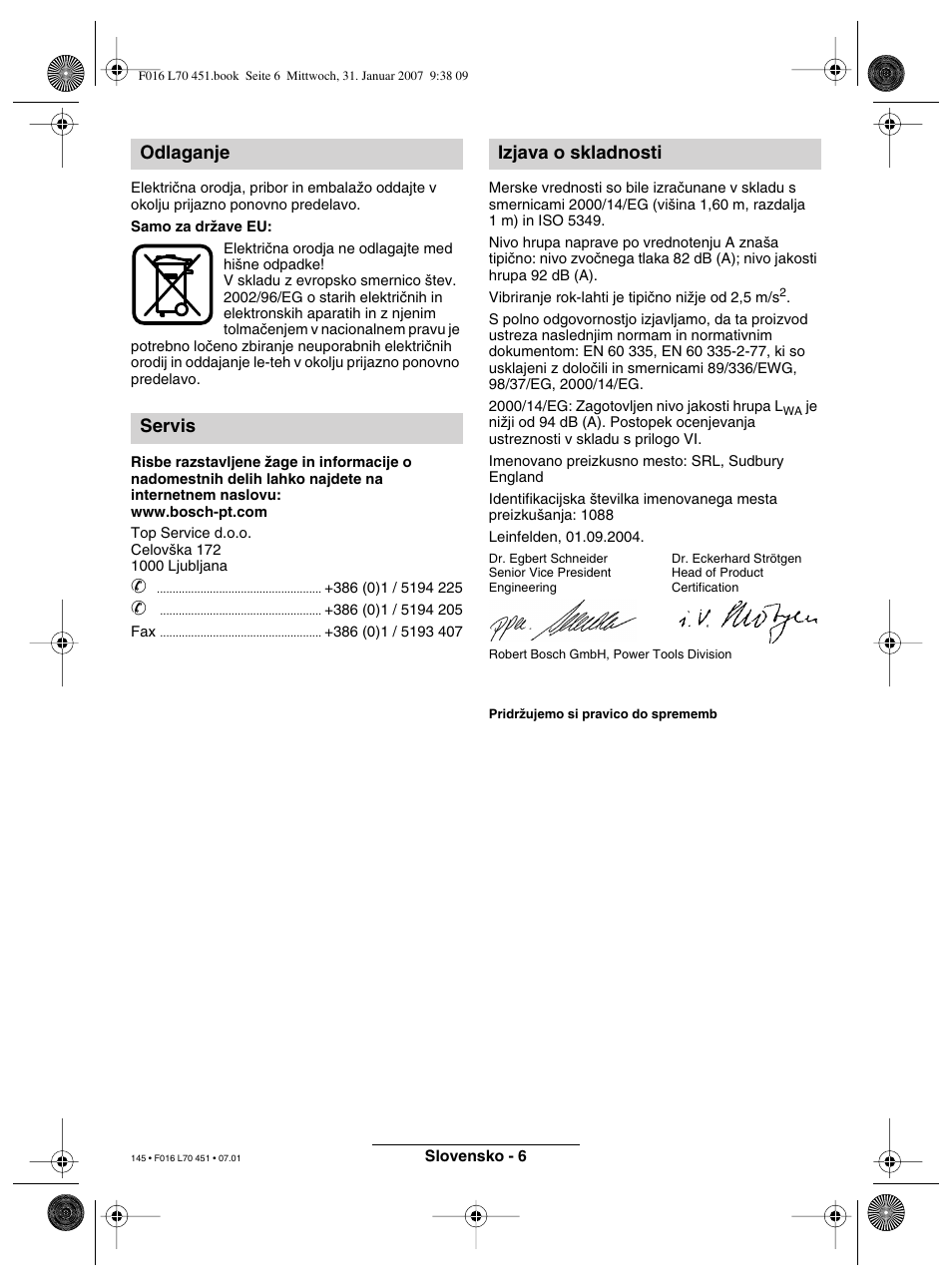 Odlaganje servis izjava o skladnosti | Bosch Rotak 320 User Manual | Page 145 / 170