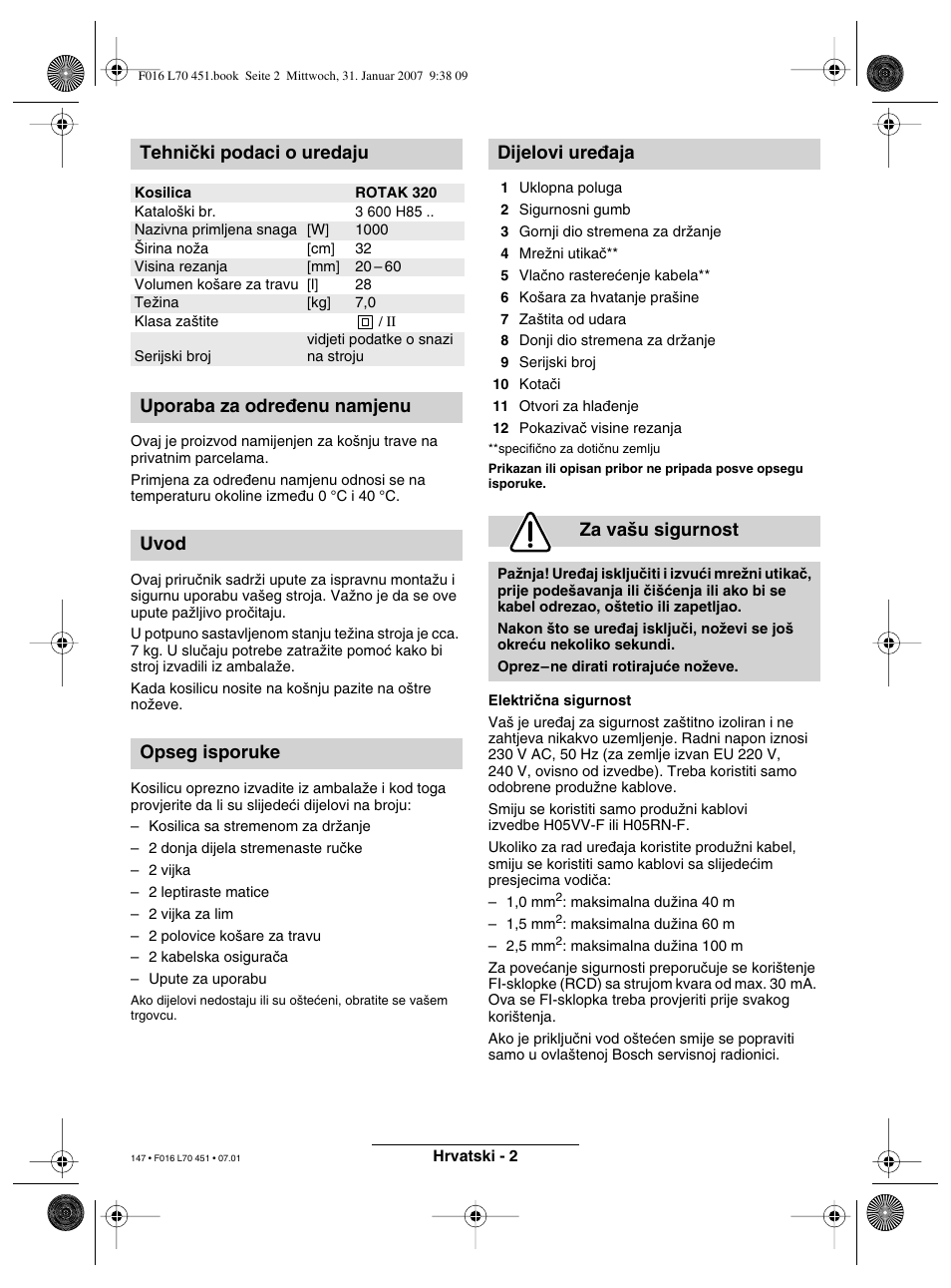 Tehniãki podaci o uredaju | Bosch Rotak 320 User Manual | Page 147 / 170