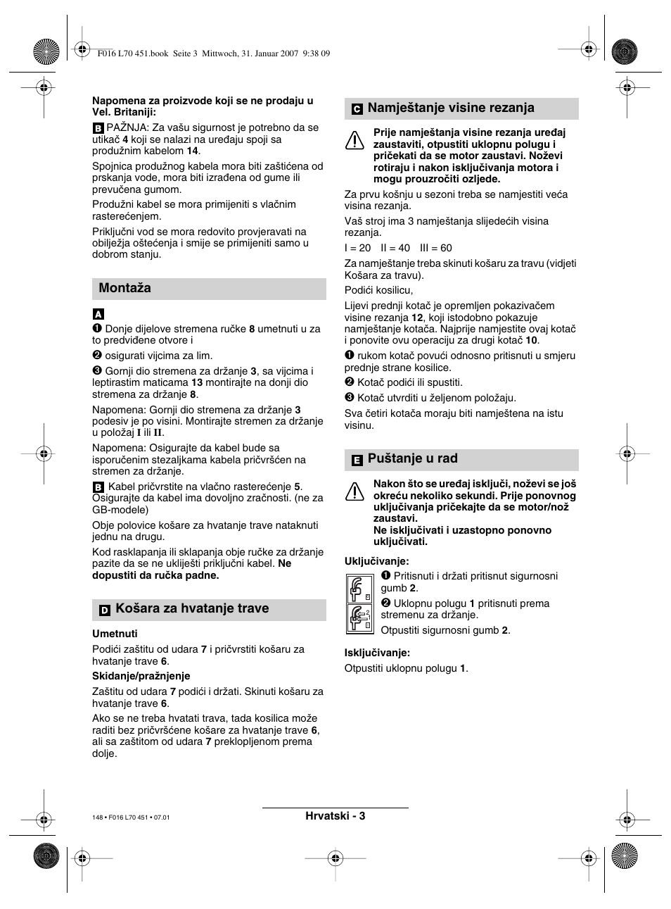 Montaïa ko‰ara za hvatanje trave, Namje‰tanje visine rezanja pu‰tanje u rad | Bosch Rotak 320 User Manual | Page 148 / 170