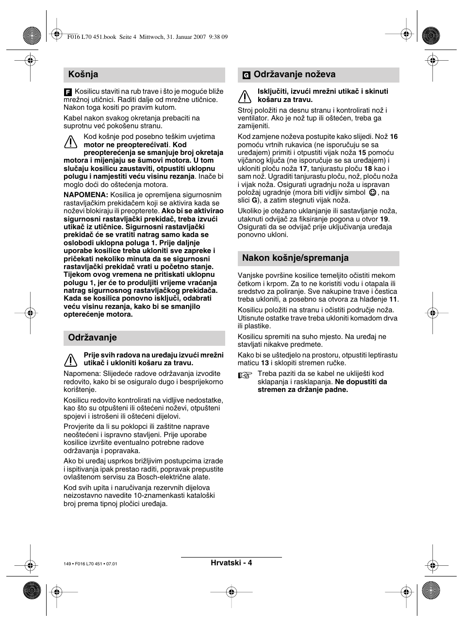 Ko‰nja odrïavanje, Odrïavanje noïeva nakon ko‰nje/spremanja | Bosch Rotak 320 User Manual | Page 149 / 170