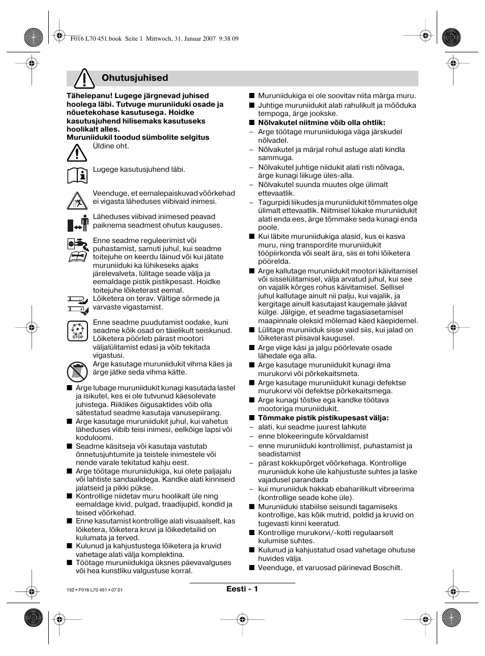 Ohutusjuhised | Bosch Rotak 320 User Manual | Page 152 / 170