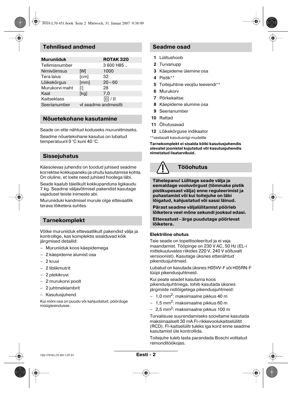 Tehnilised andmed | Bosch Rotak 320 User Manual | Page 153 / 170