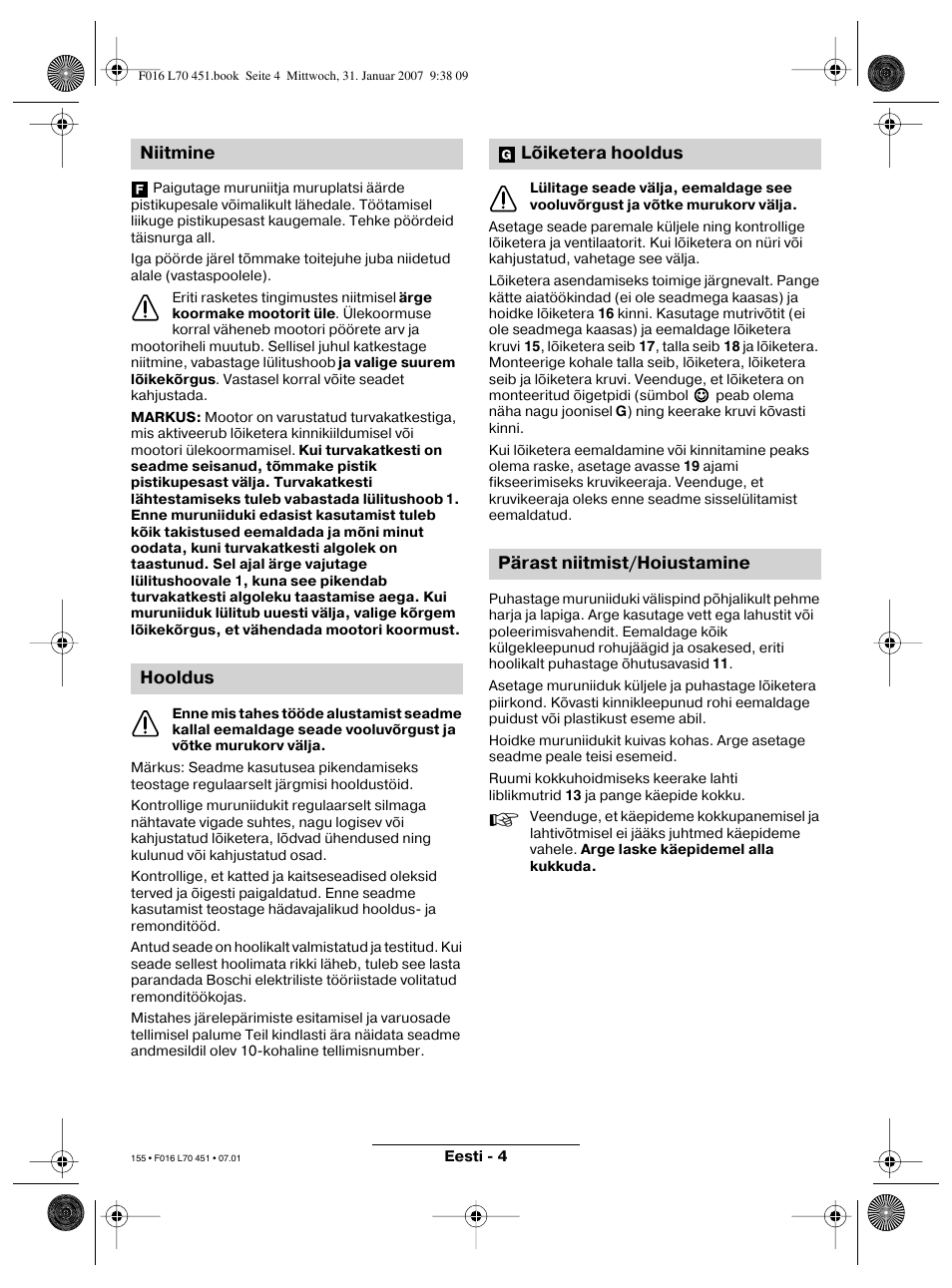 Niitmine hooldus, Lõiketera hooldus pärast niitmist/hoiustamine | Bosch Rotak 320 User Manual | Page 155 / 170