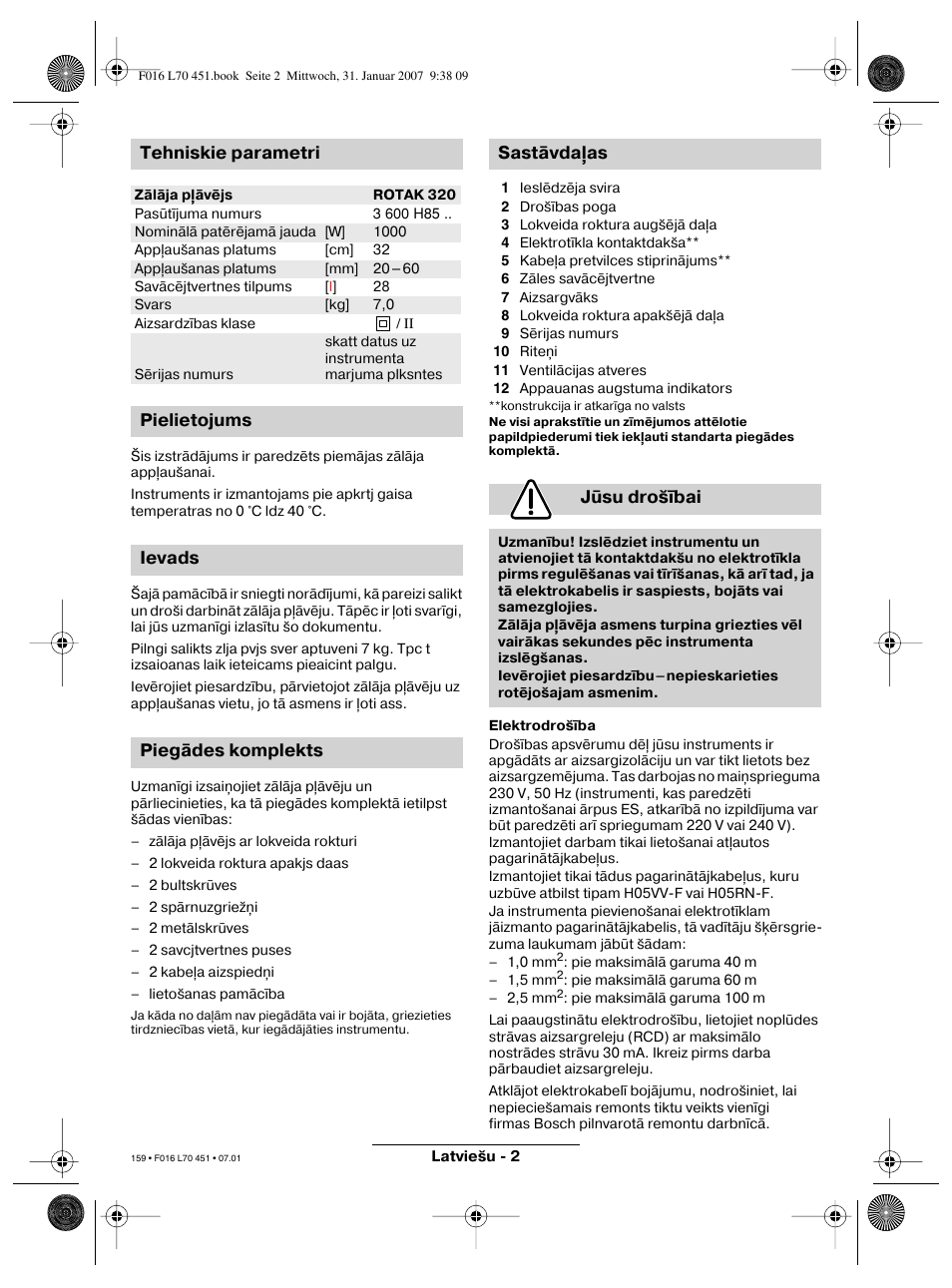 Tehniskie parametri | Bosch Rotak 320 User Manual | Page 159 / 170