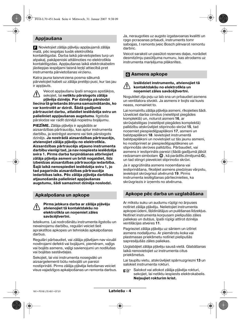 App aušana apkalpošana un apkope, Asmens apkope apkope pēc darba un uzglabāšana | Bosch Rotak 320 User Manual | Page 161 / 170