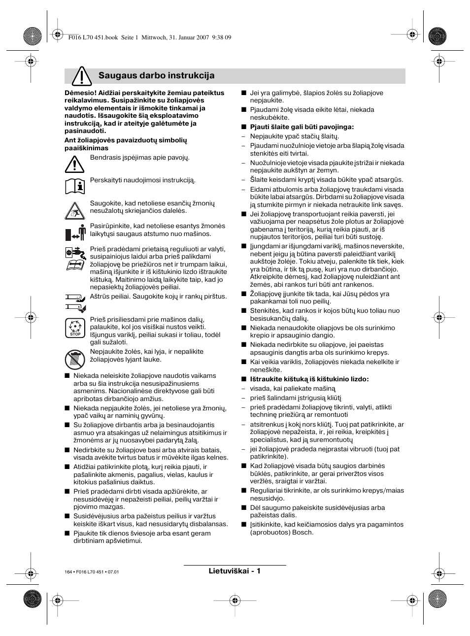 Saugaus darbo instrukcija | Bosch Rotak 320 User Manual | Page 164 / 170