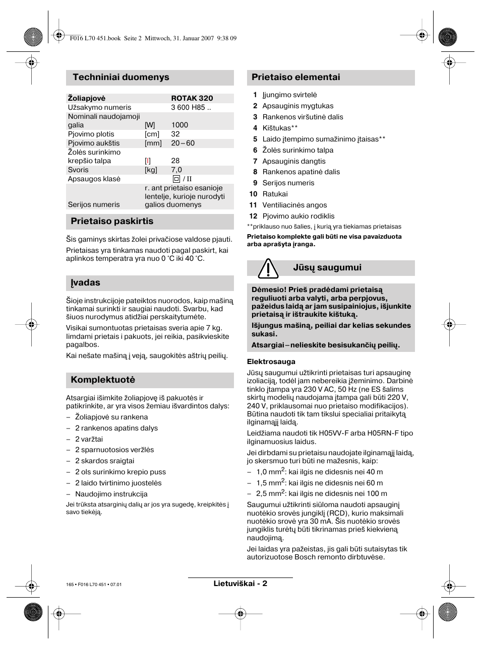 Techniniai duomenys | Bosch Rotak 320 User Manual | Page 165 / 170